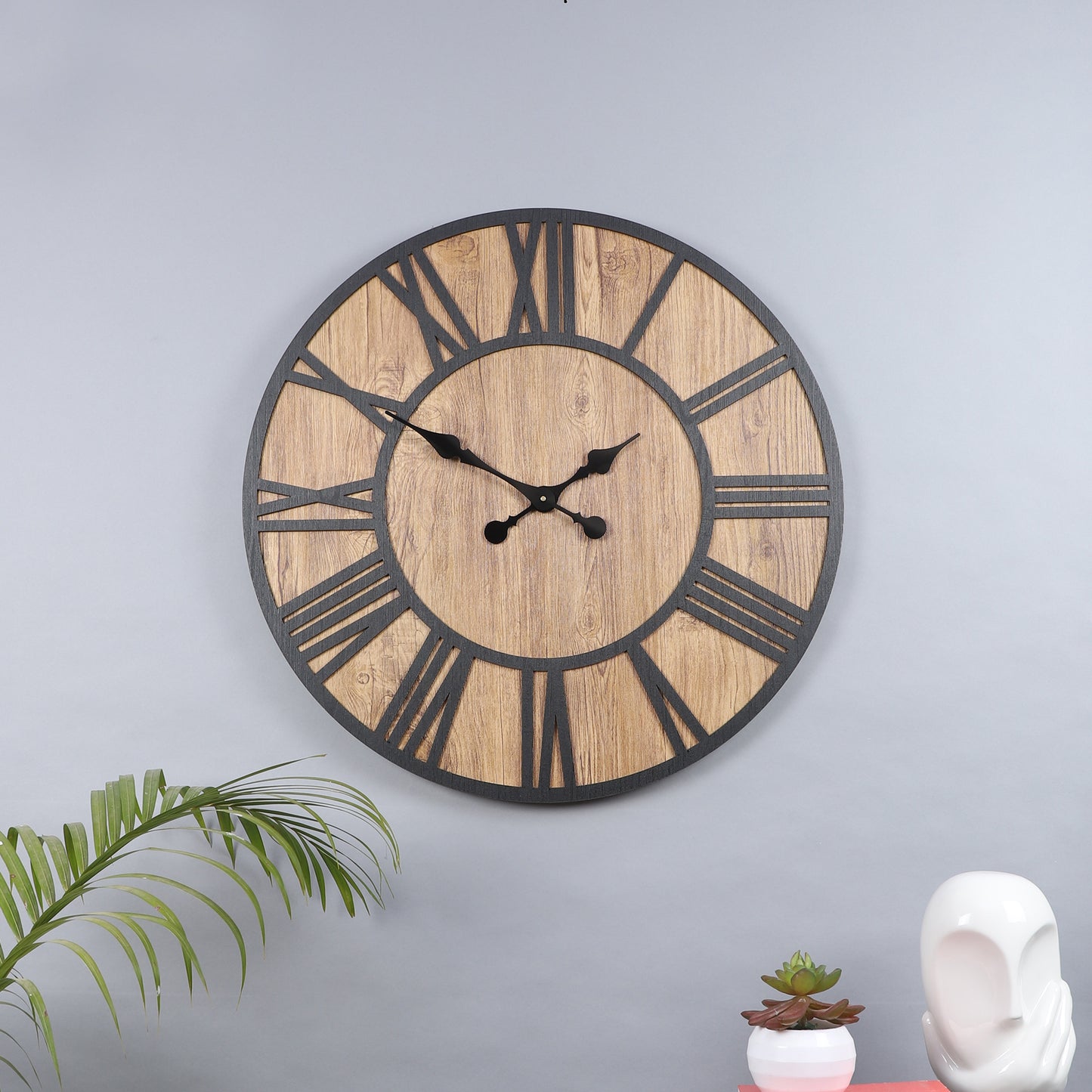 Elegant 24-Inch Engineered Wood Wall Clock with Leather Coating and Black Roman Numerals