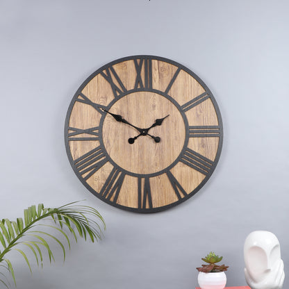 Elegant 24-Inch Engineered Wood Wall Clock with Leather Coating and Black Roman Numerals