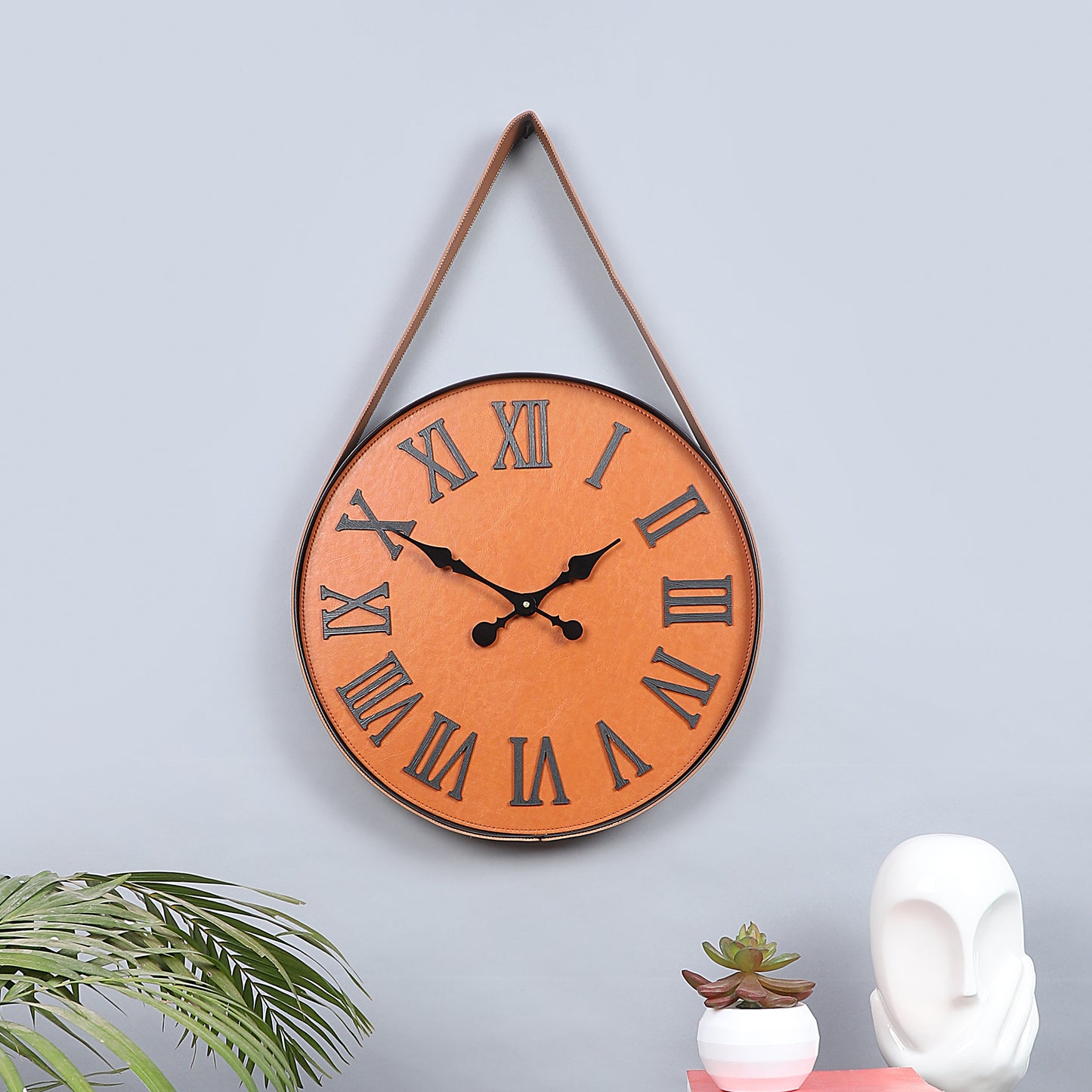 Stylish 16-Inch Wall Clock with Leather Belt and Black Roman Numerals