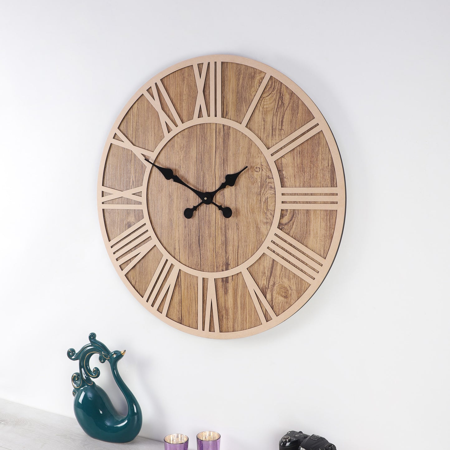 Stylish 24-Inch Wall Clock with Brown Roman Numerals