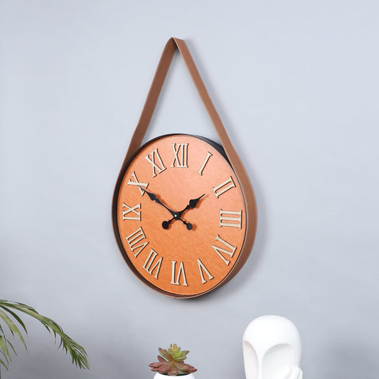 Stylish 16-Inch Wall Clock with Leather Belt and Brown Roman Numerals