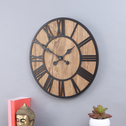 Elegant 16-Inch Engineered Wood Wall Clock with Leather Coating and Black Roman Numerals