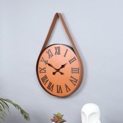 Stylish 16-Inch Wall Clock with Leather Belt and Black Roman Numerals