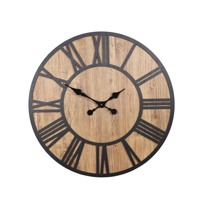 Elegant 24-Inch Engineered Wood Wall Clock with Leather Coating and Black Roman Numerals