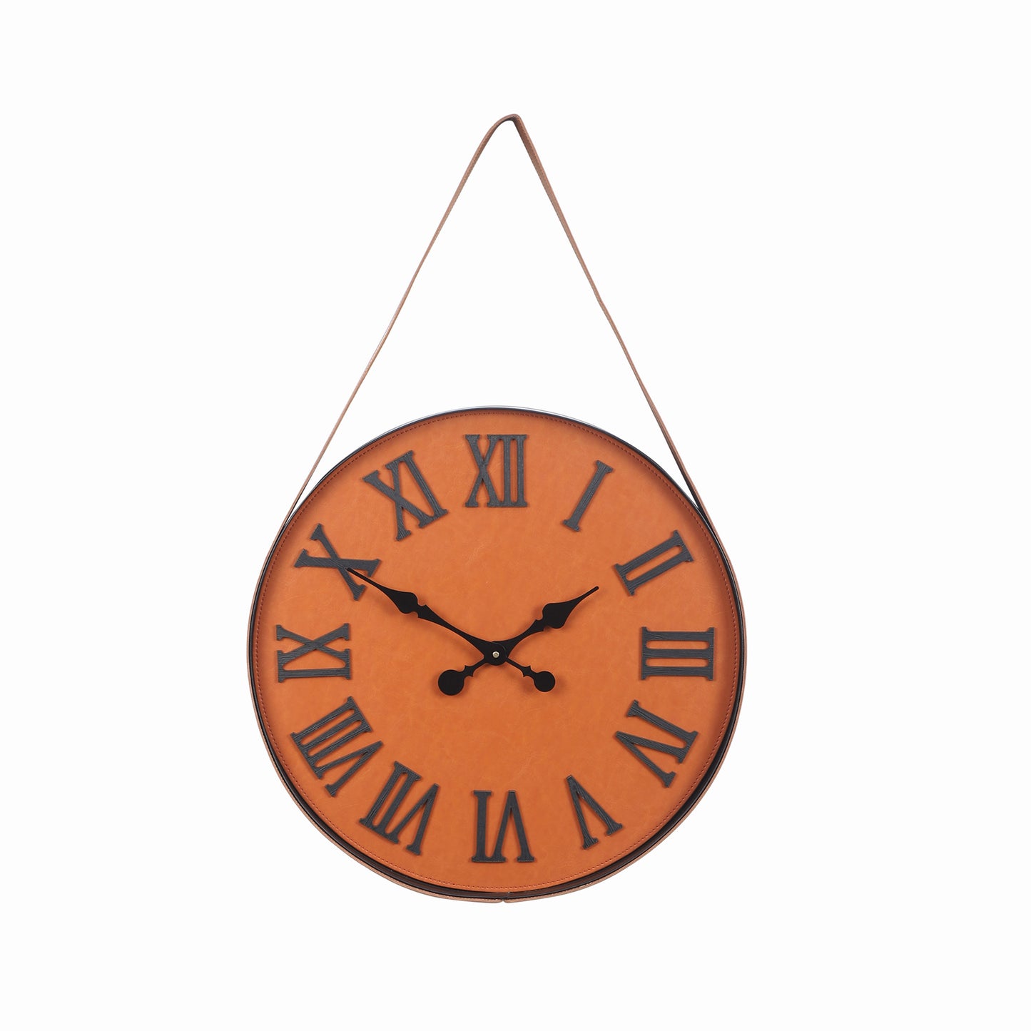 Stylish 16-Inch Wall Clock with Leather Belt and Black Roman Numerals