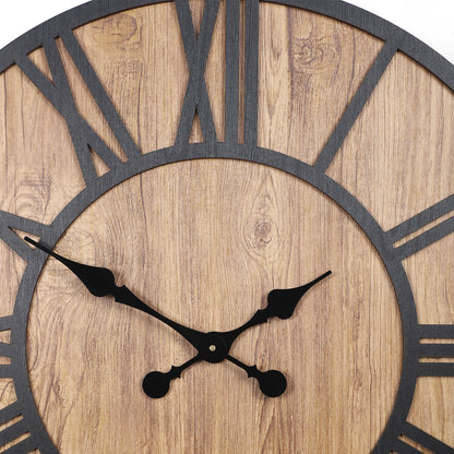 Elegant 24-Inch Engineered Wood Wall Clock with Leather Coating and Black Roman Numerals