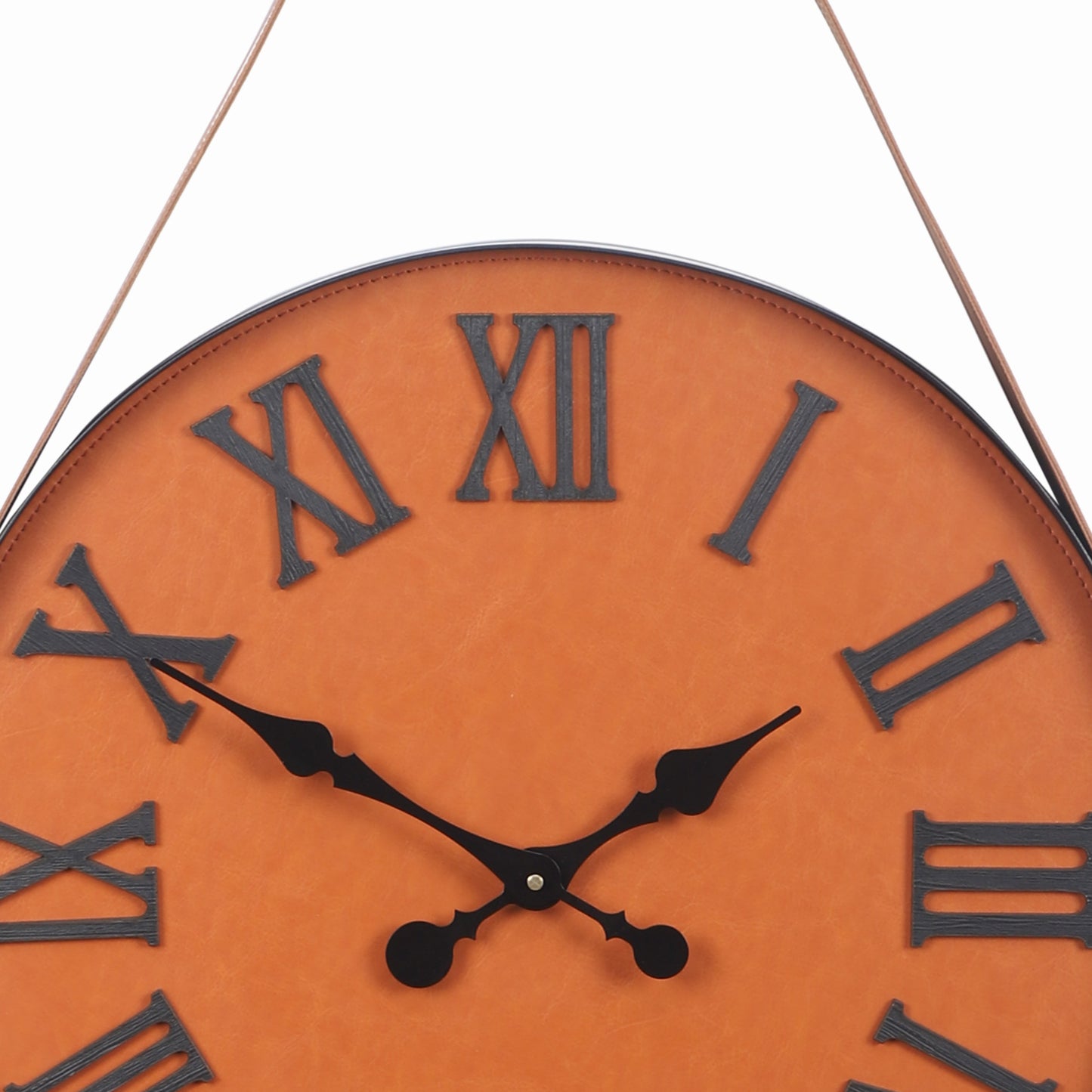 Stylish 16-Inch Wall Clock with Leather Belt and Black Roman Numerals