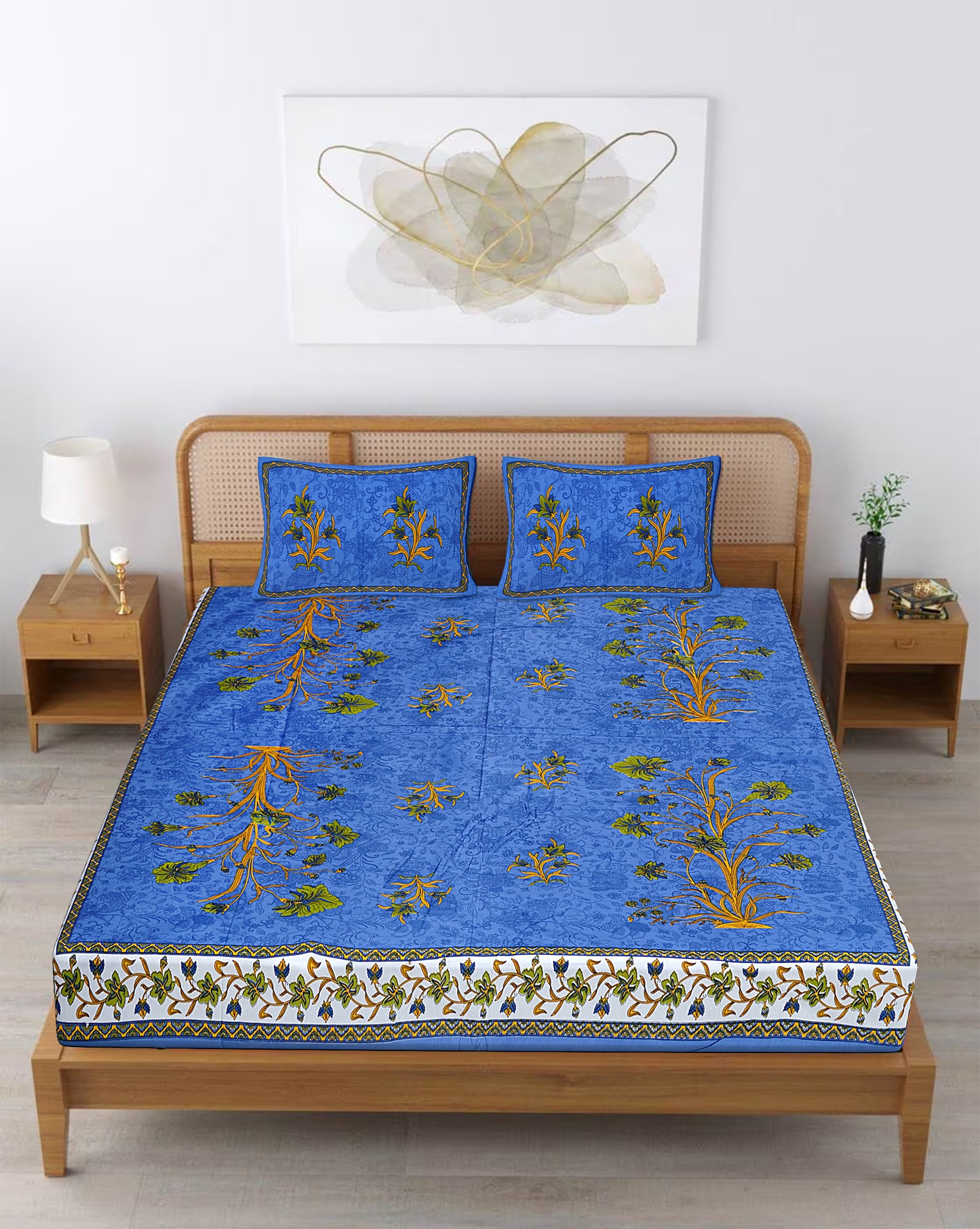 King Size 100% Pure Organic Cotton Hand Block Printed Fabric Bedsheet